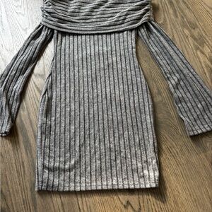 Gray Off-Shoulder Ribbed Dress